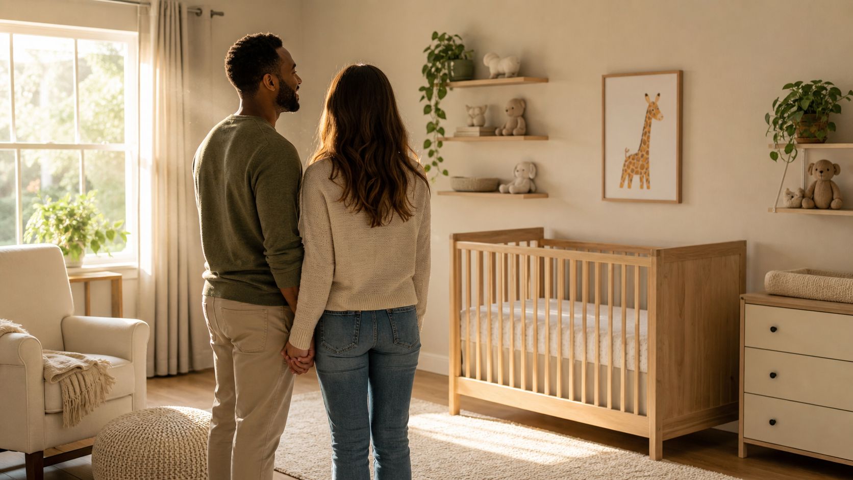 A couple holding hands and looking at a crib in a nursery, anticipating their private adoption journey.