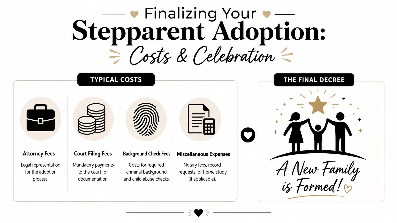 An infographic titled Finalizing Your Stepparent Adoption showing costs and the formation of a new family.