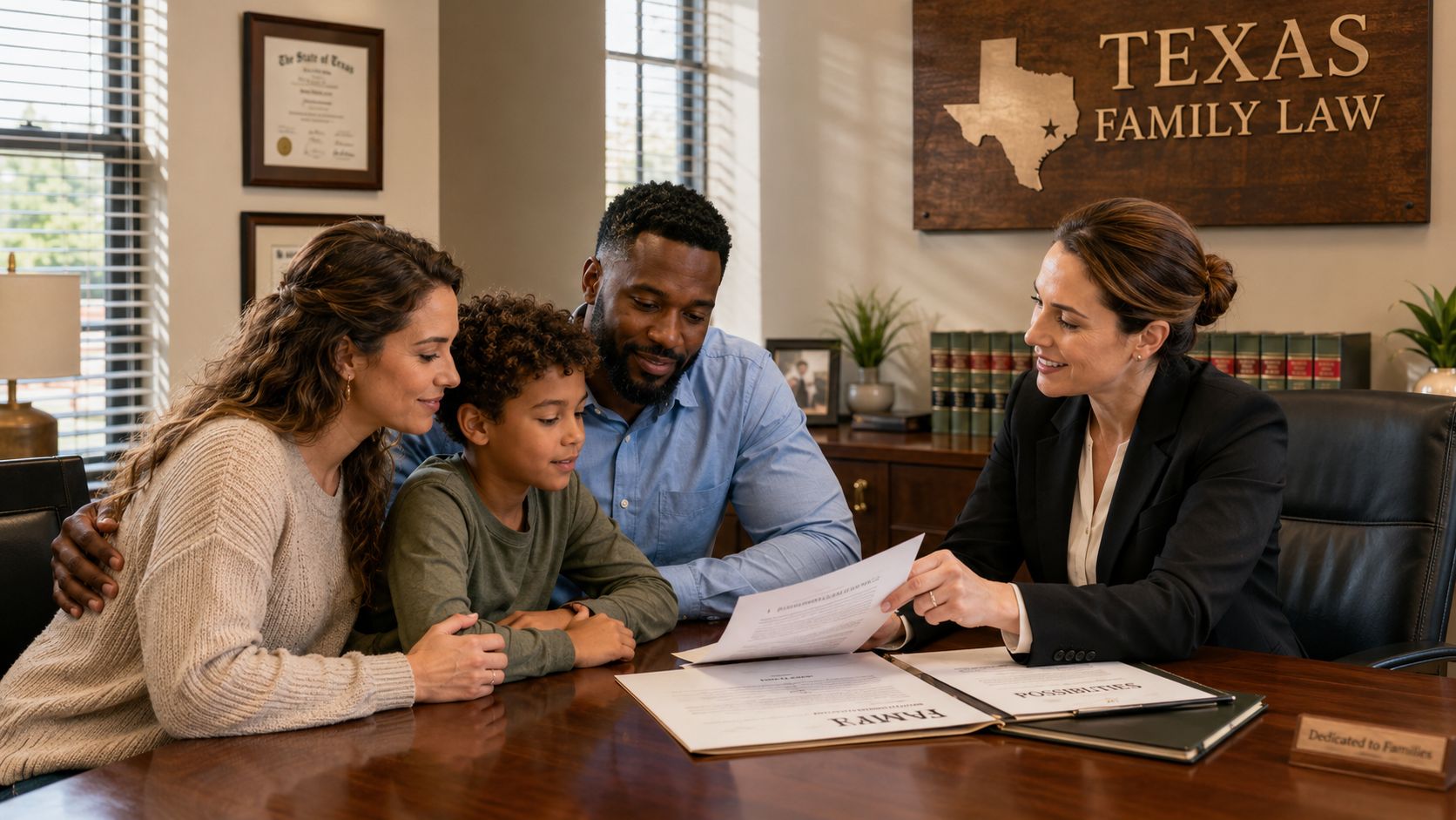 A family consulting with a lawyer about stepparent adoption in a professional office setting.