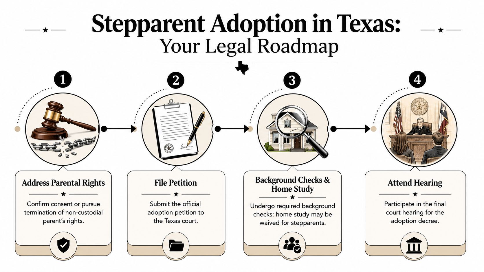 A four-step legal roadmap infographic detailing the process for stepparent adoption in the state of Texas.