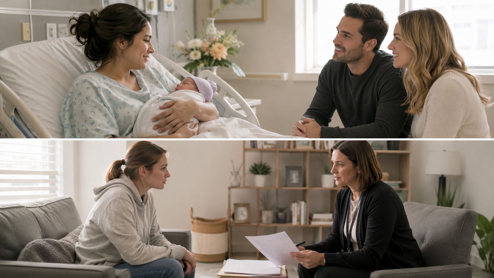 A split-screen image showing a mother holding a newborn in a hospital and a woman consulting with a professional.