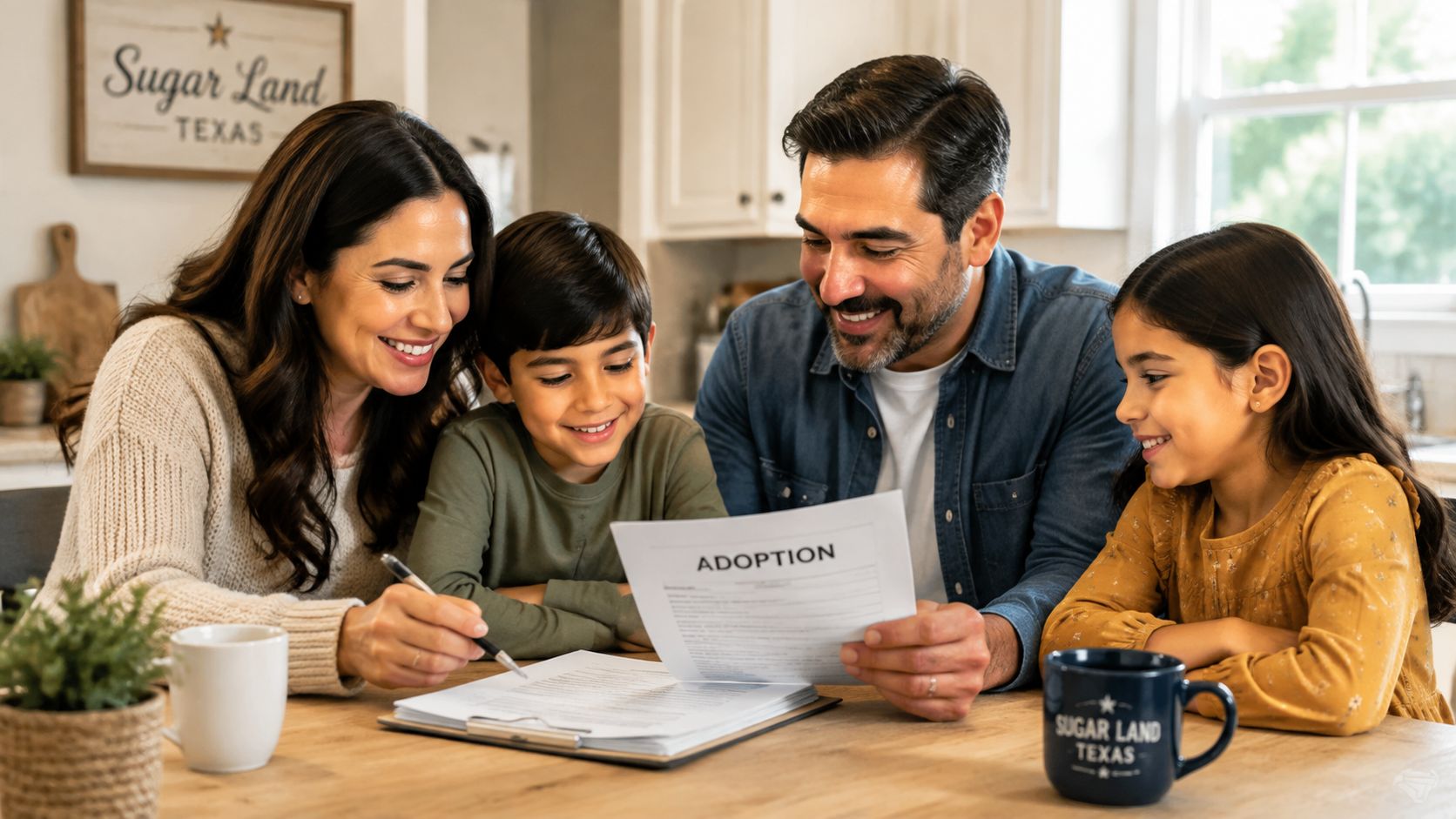 A happy family sitting together at a wooden table reviewing and signing adoption papers in their home.