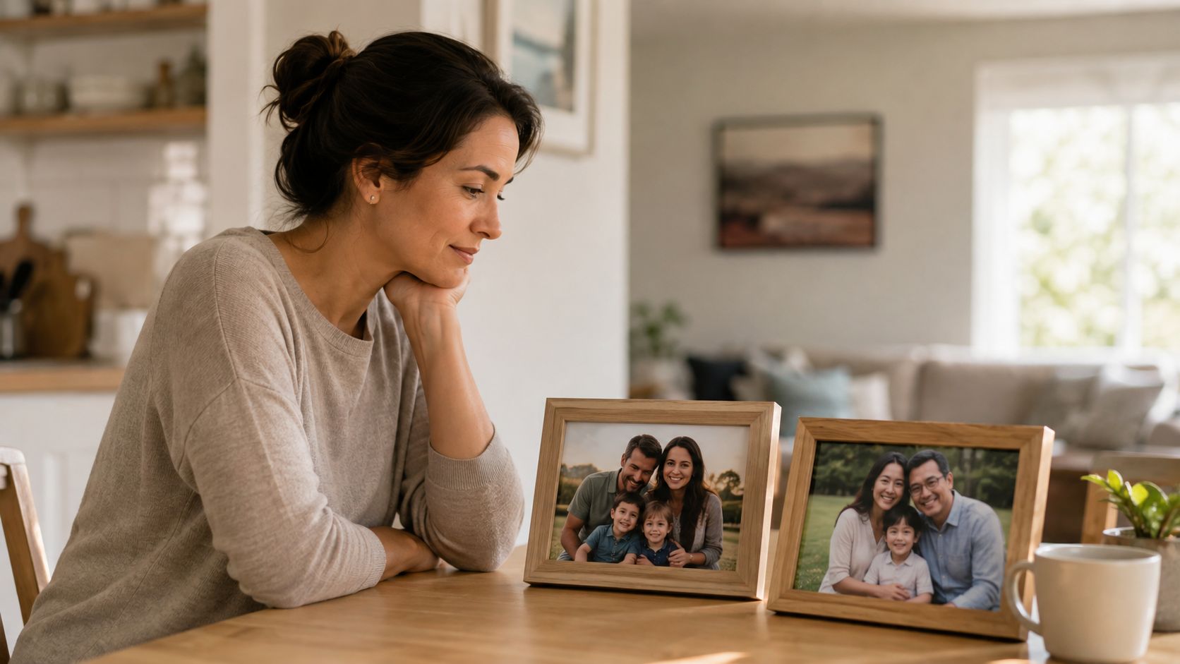 A woman sits thoughtfully at a table looking at two framed family photographs in her home.