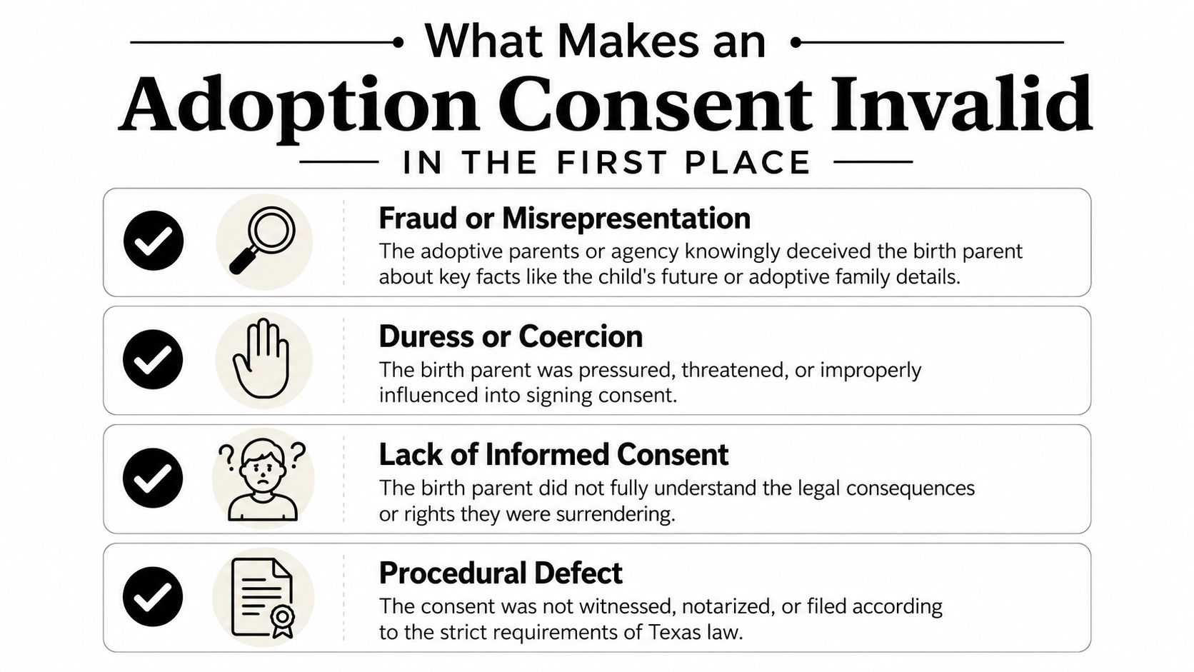 An infographic titled What Makes an Adoption Consent Invalid, listing four legal reasons including fraud, duress, lack of informed consent, and procedural defects.