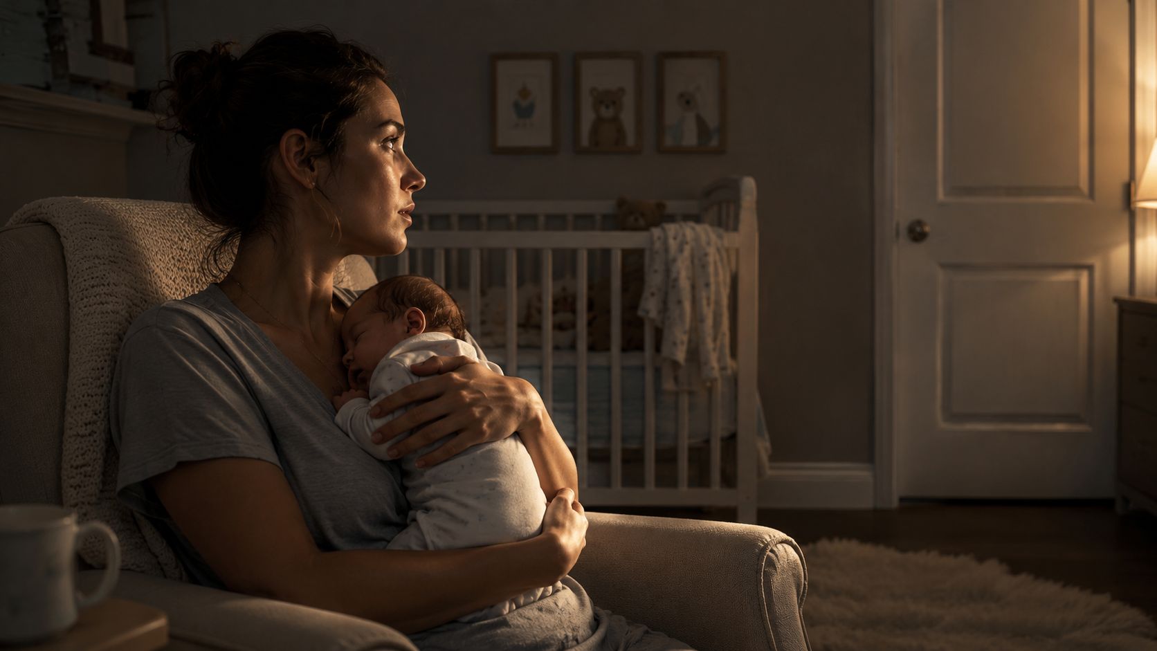 A tired mother holding her sleeping newborn baby in a dim nursery chair at night.