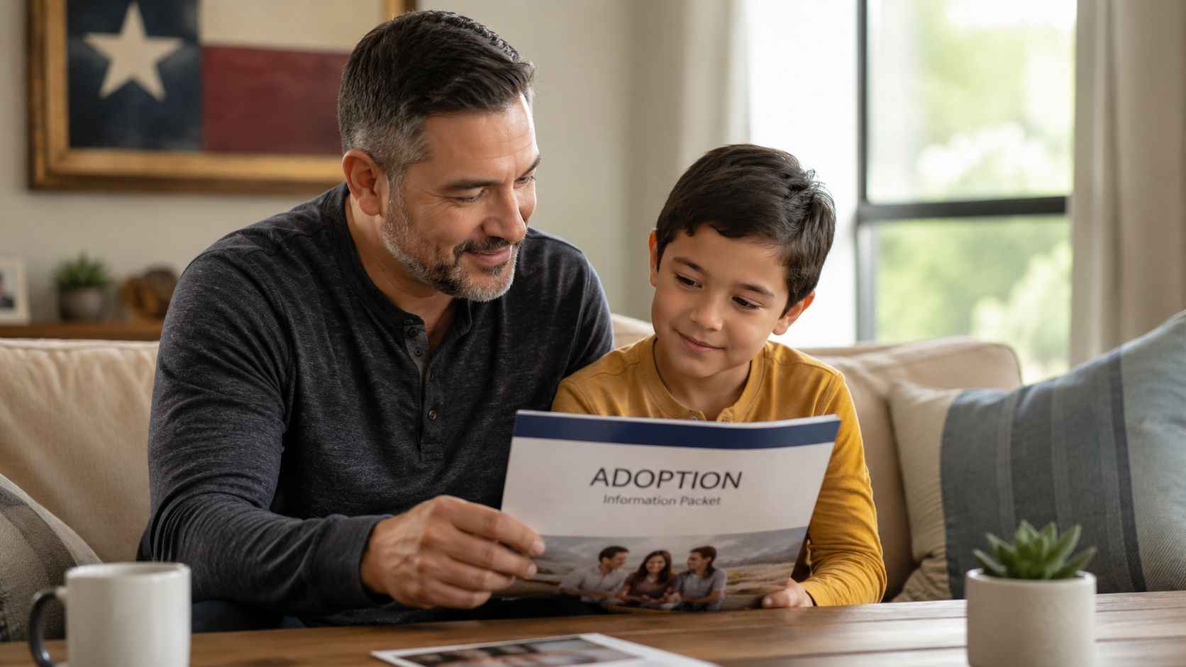 A smiling father and son sit together on a sofa reading an adoption information packet.