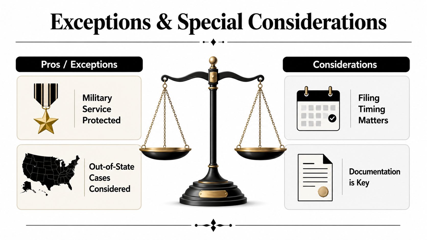 A graphic showing legal exceptions and considerations for adoption cases, including military service, out-of-state cases, timing, and documentation.