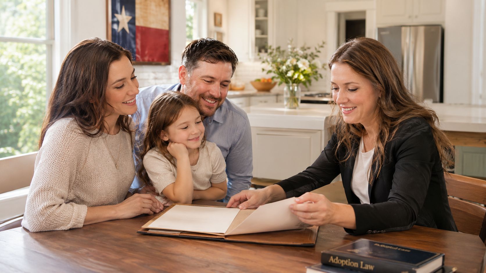 A family consulting with a legal professional about adoption paperwork in a cozy, bright home office.