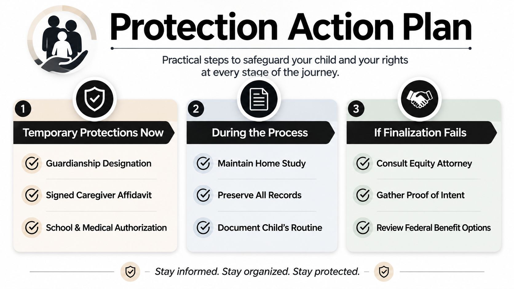 An infographic titled Protection Action Plan outlining legal steps to safeguard a child and parental rights.