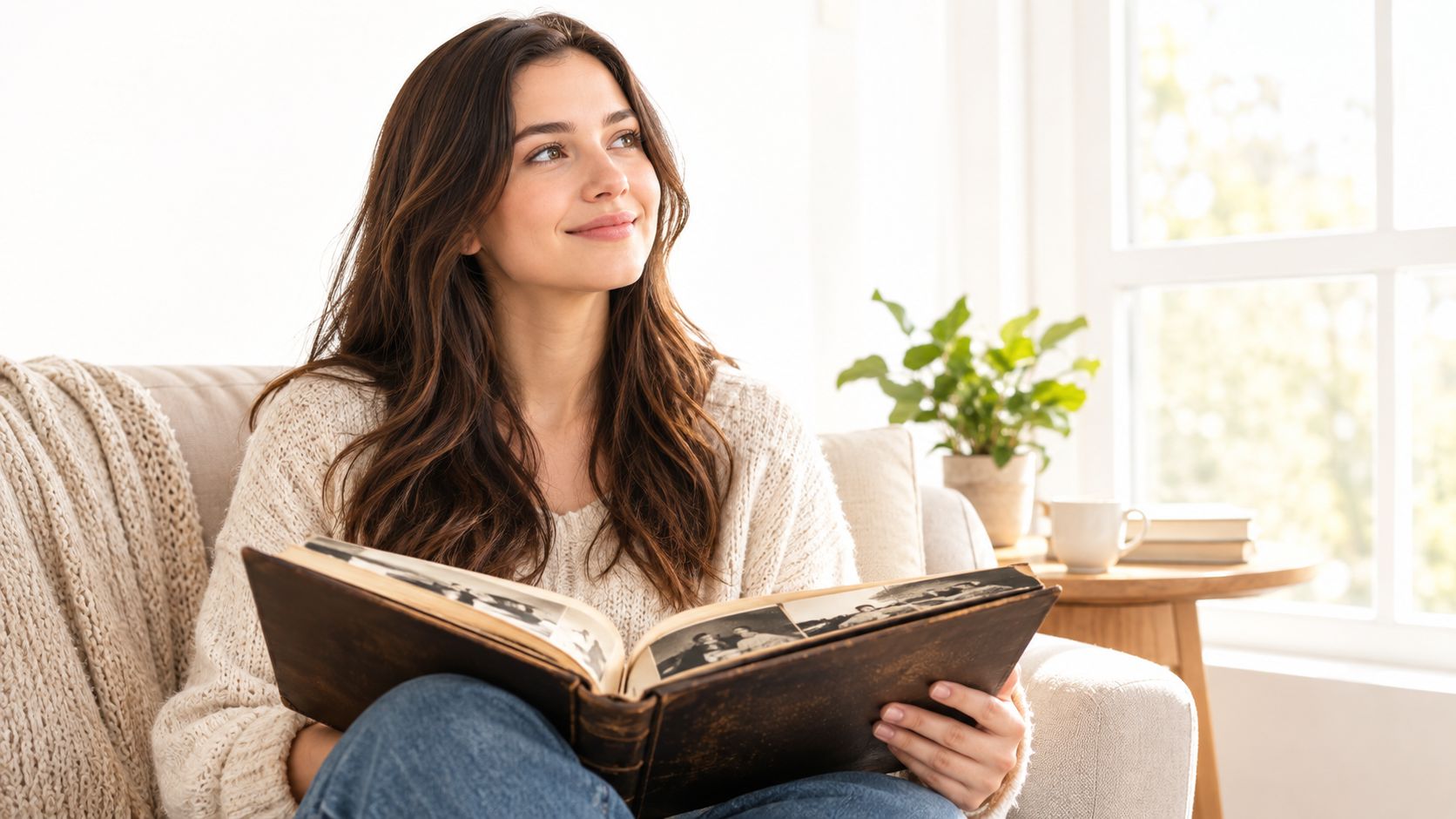 A woman sits comfortably on a couch, smiling while looking at an old photo album in her lap.