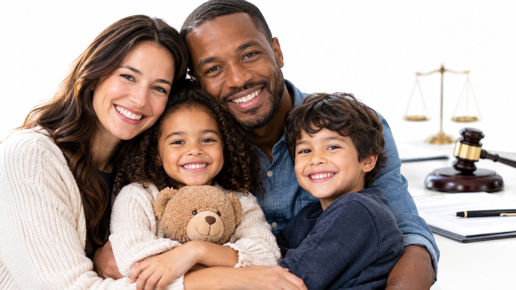 A happy multiracial family of four smiling together in a professional office setting with legal decor.