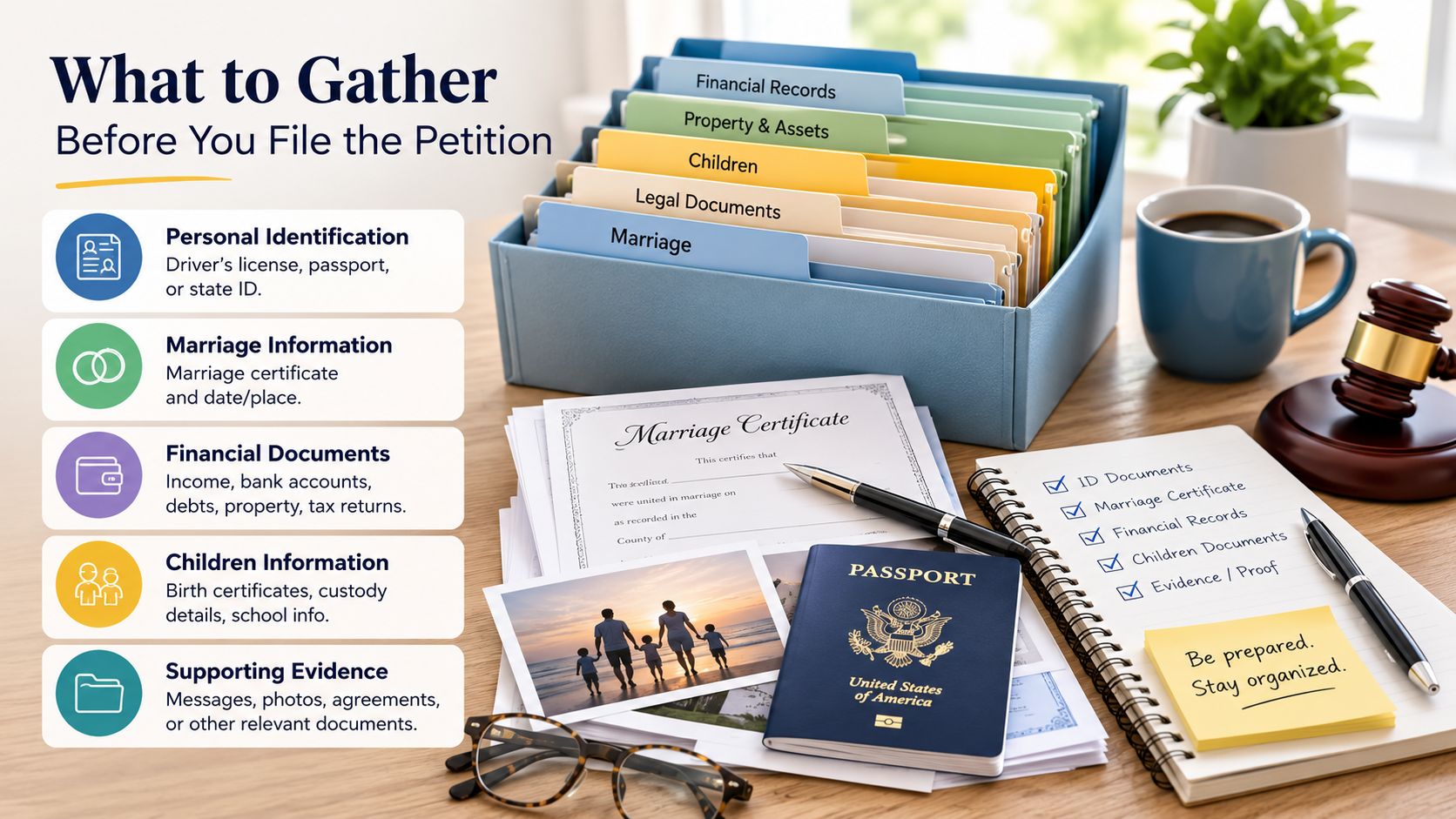 An organized desk featuring documents and checklists for filing a divorce petition with legal tools and identification.