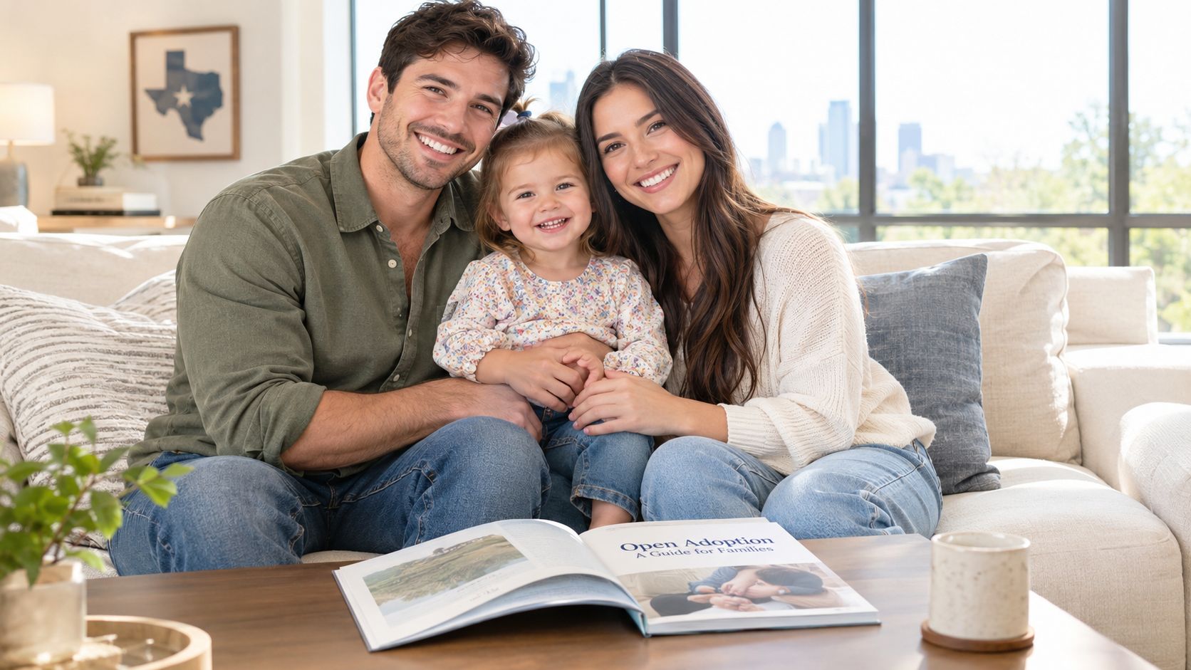 A smiling young family sits together on a couch while looking through an open adoption guidebook.