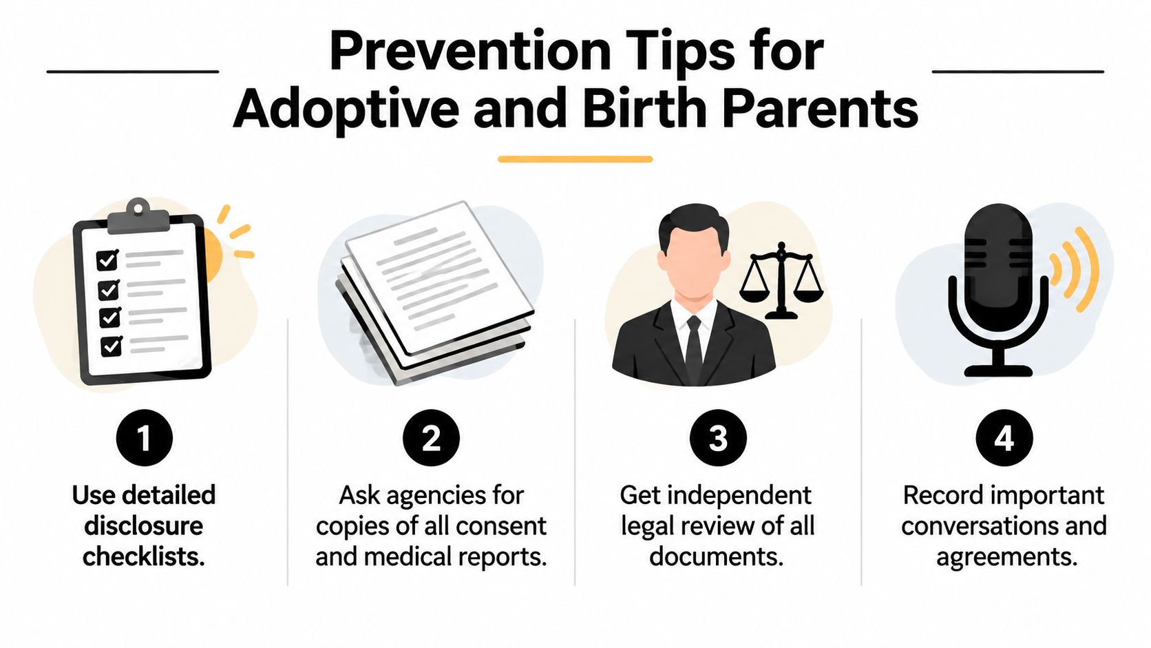 A four-step infographic providing prevention tips for adoptive and birth parents to ensure legal transparency.