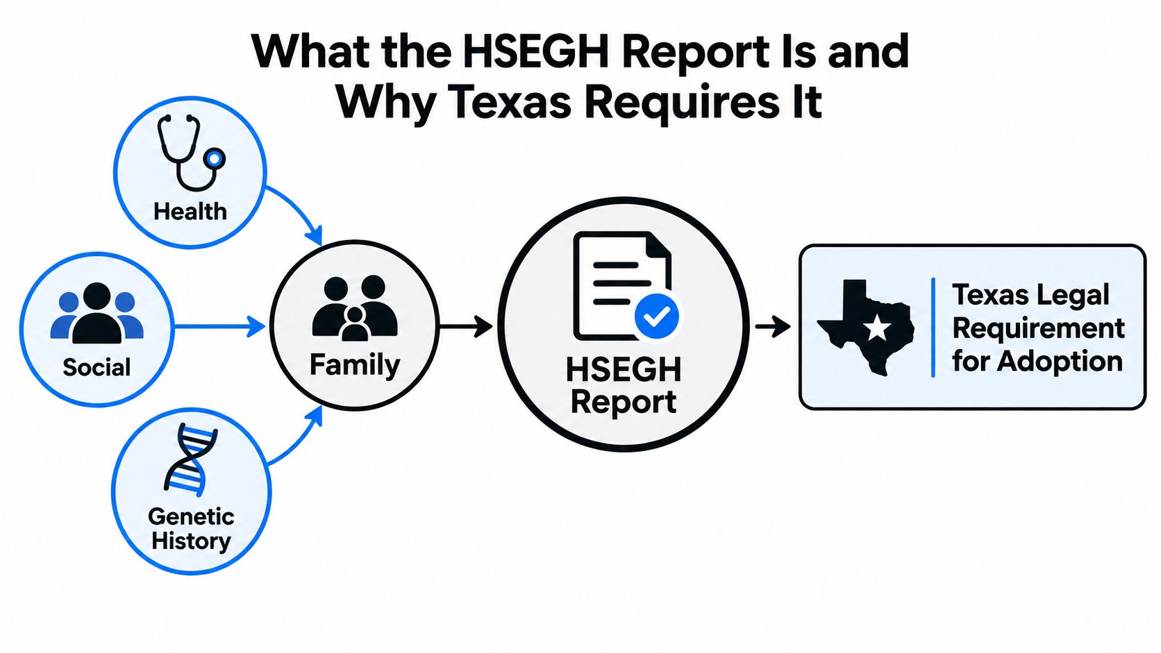 A diagram illustrating that health, social, and genetic history make up the family HSEGH report for Texas adoption.