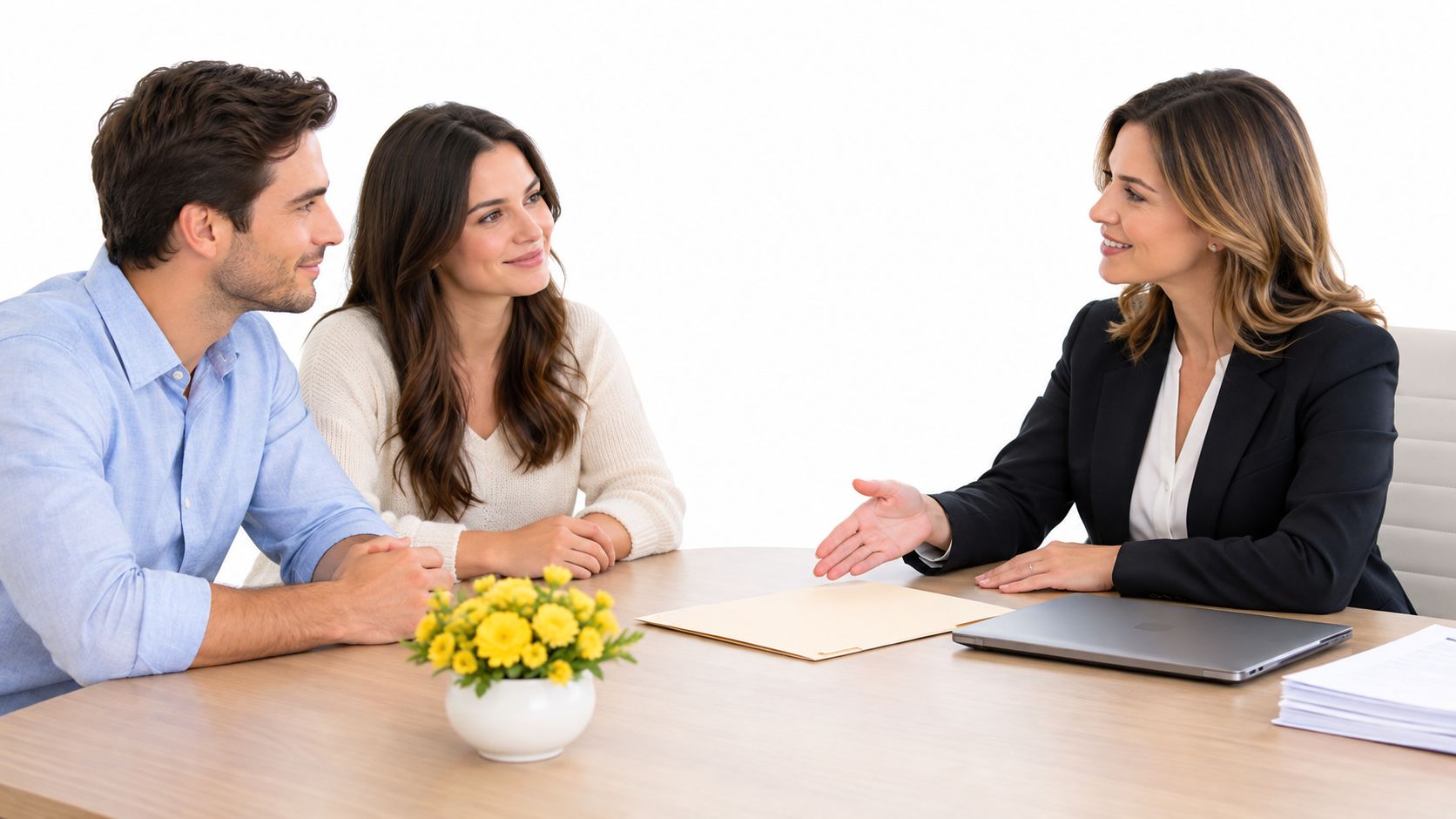 A couple sits at a desk during a consultation with a female professional advisor in an office.