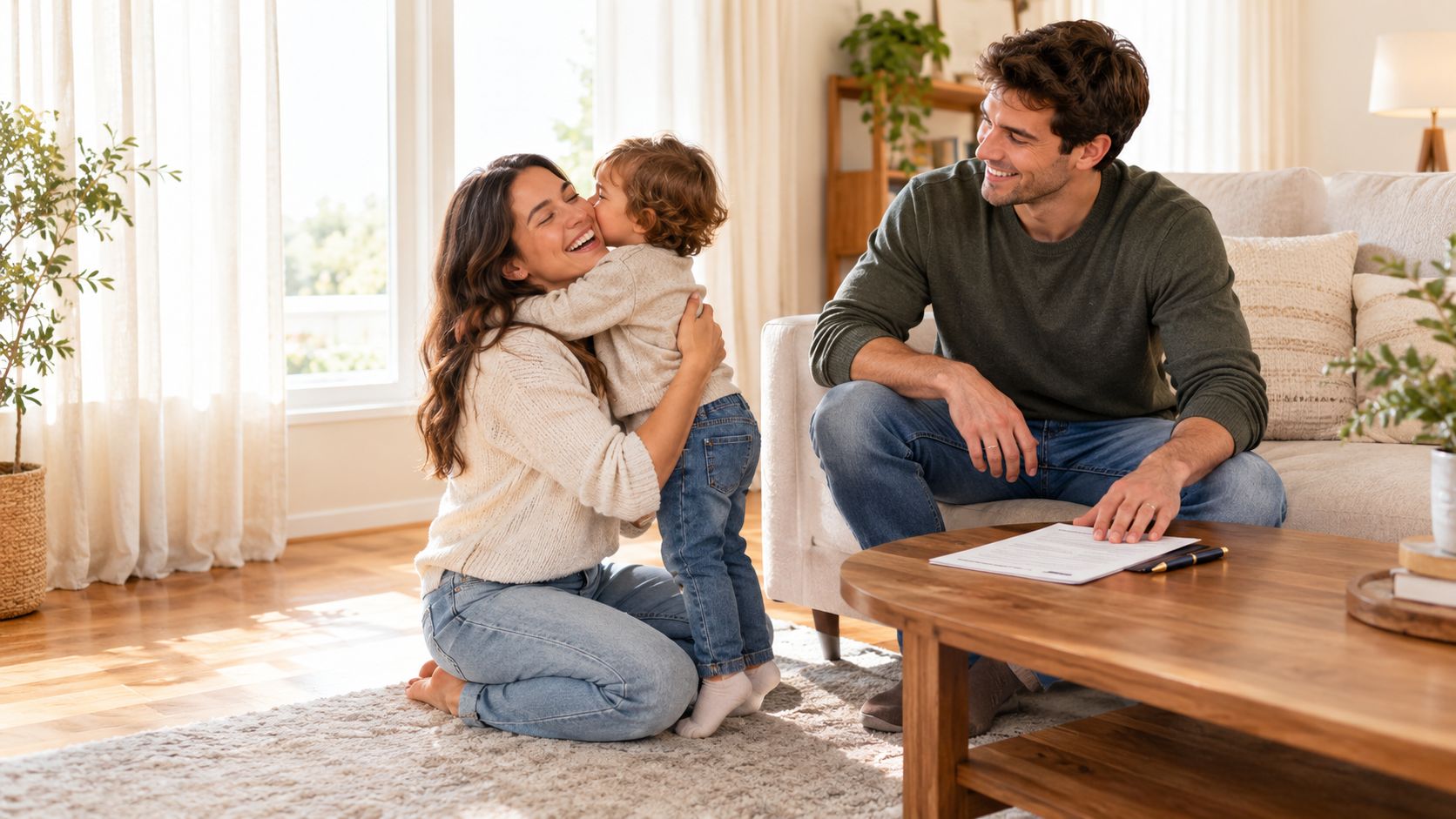 A happy young couple and their toddler son sharing a warm hug in a bright cozy living room.