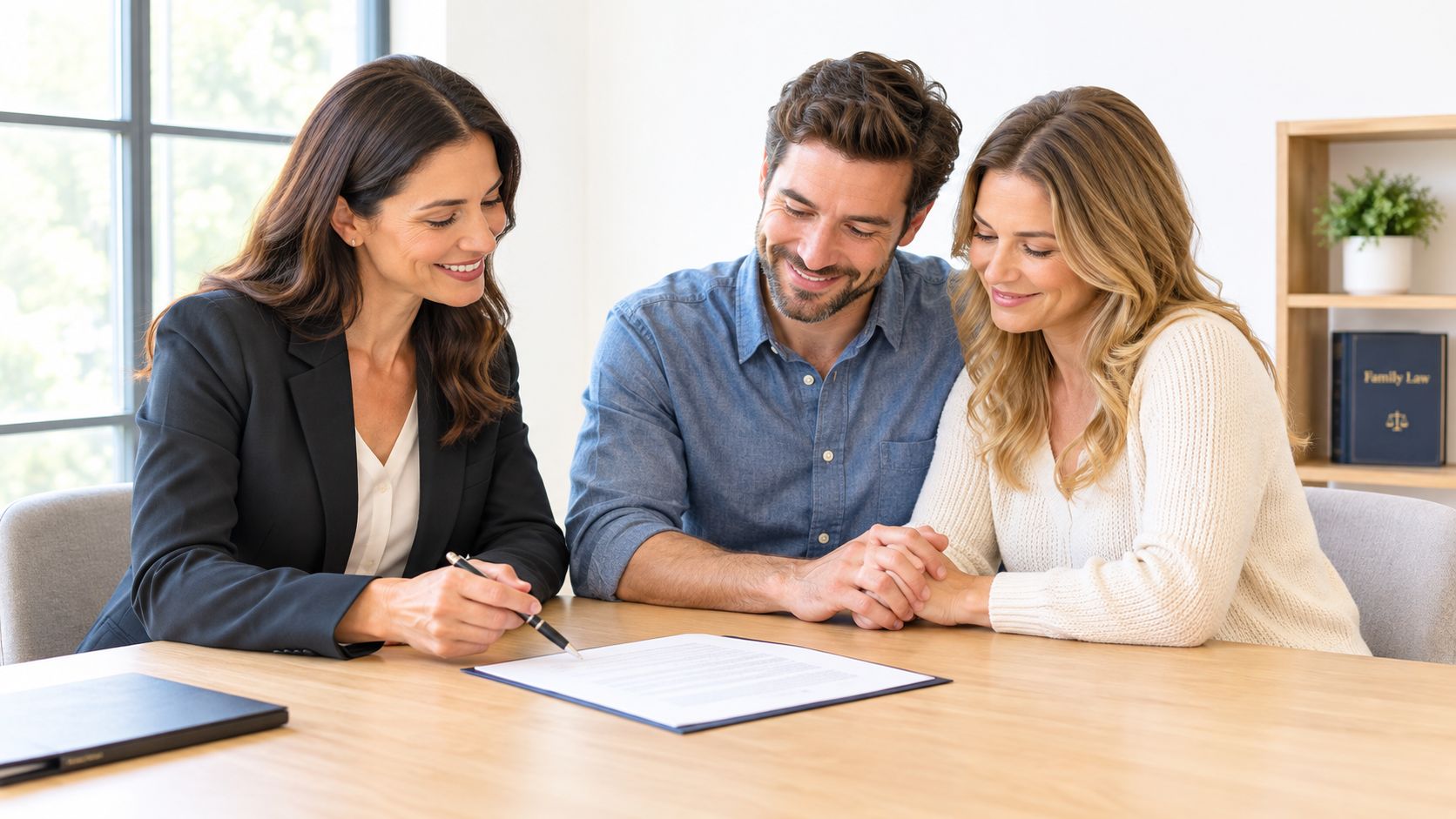 A smiling lawyer explains legal documents to a happy couple during a professional consultation session.