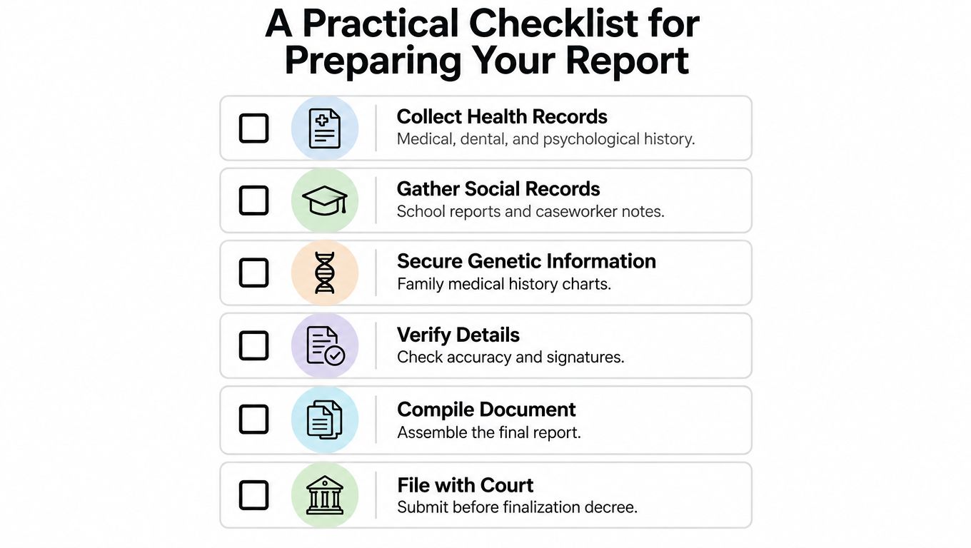 A checklist titled A Practical Checklist for Preparing Your Report listing six steps for documentation.
