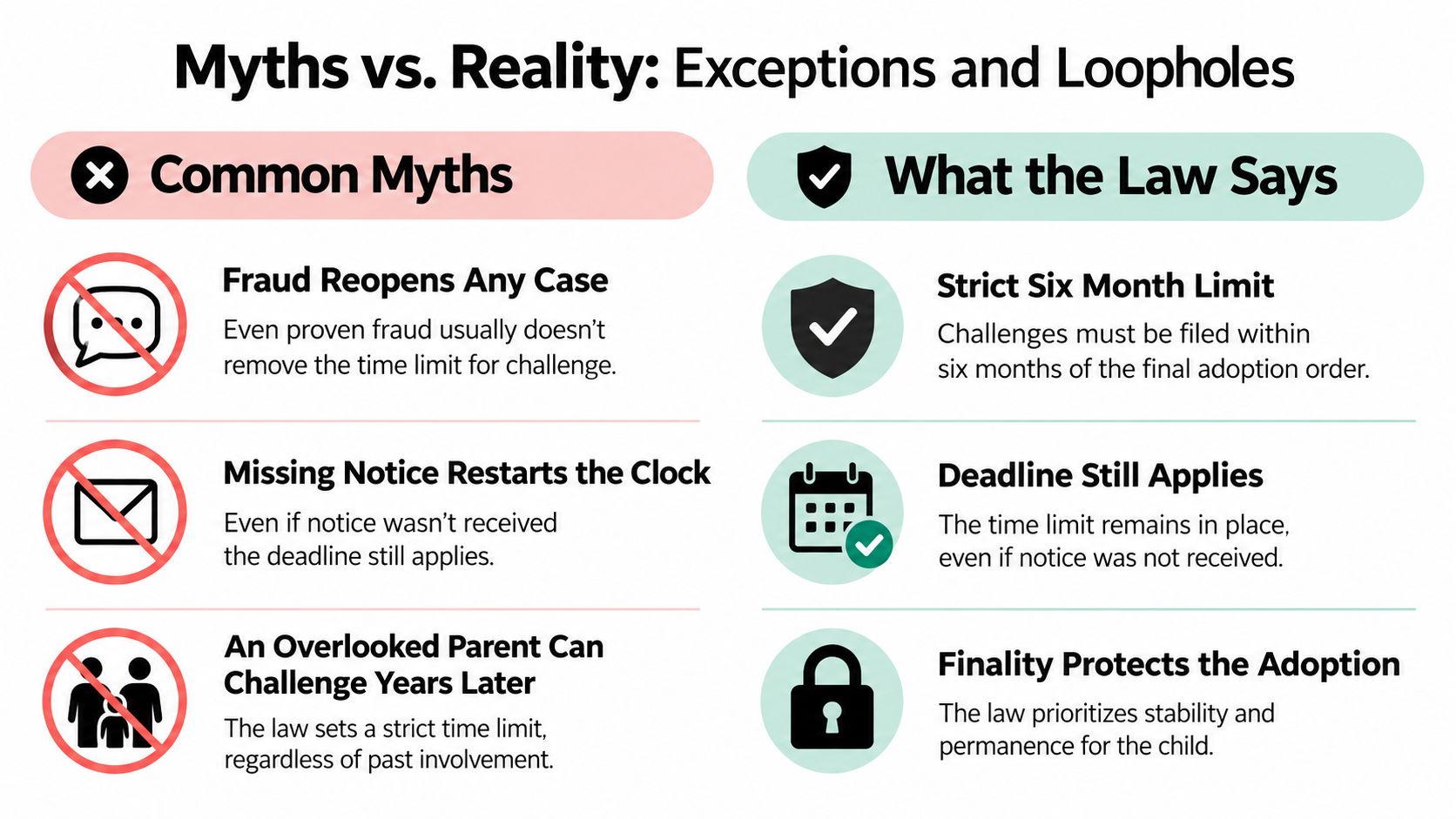 An infographic comparing common myths versus the legal reality regarding time limits to challenge adoption orders.