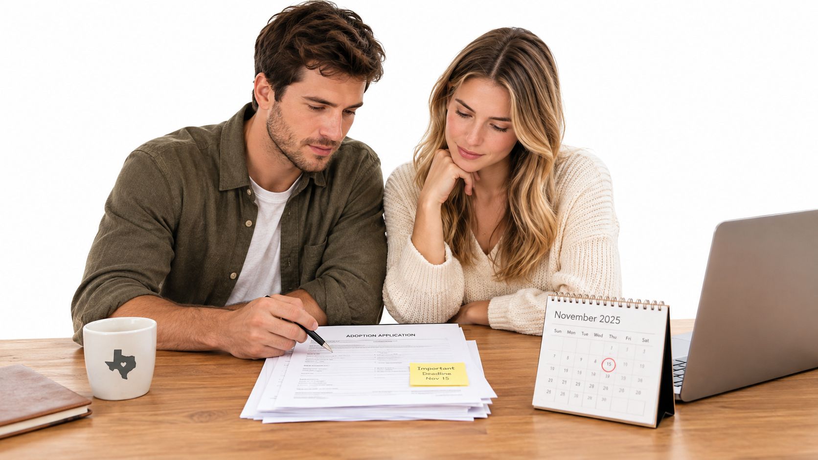 A couple reviews an adoption application on a desk in front of a laptop and calendar.