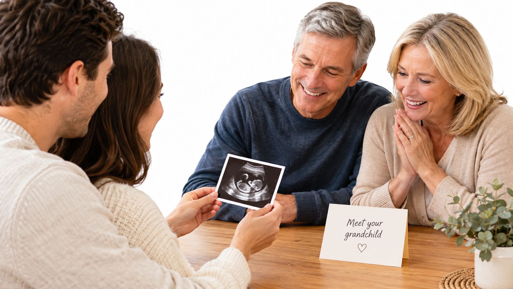 A happy couple showing an ultrasound scan of their baby to the woman's excited parents.