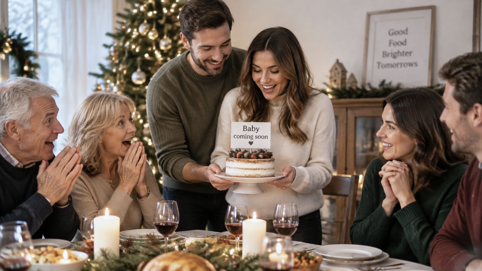 A joyful family celebrating a baby announcement with a cake during a warm holiday dinner gathering.