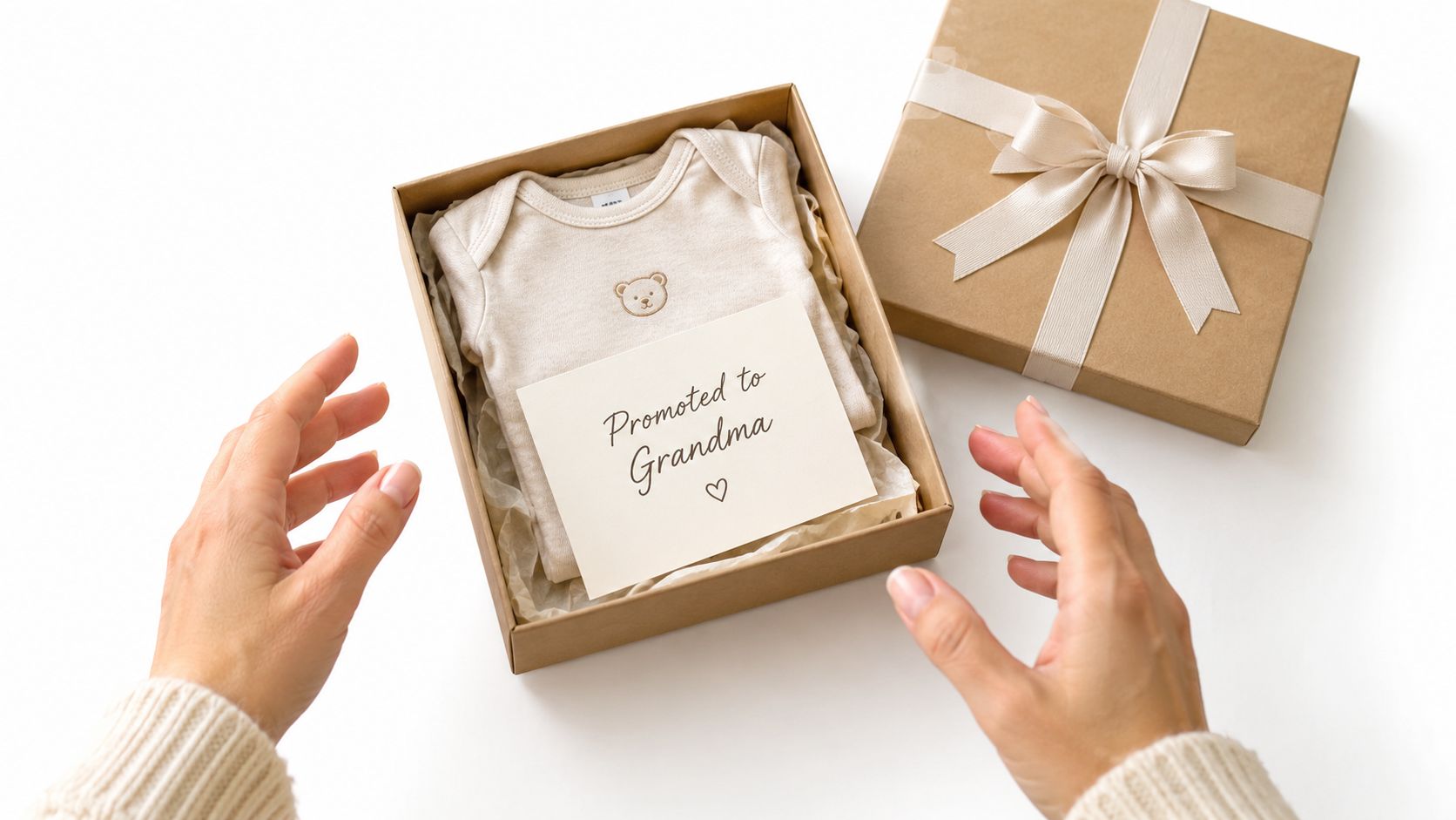 A gift box containing a baby onesie and a note saying Promoted to Grandma for pregnancy announcement.